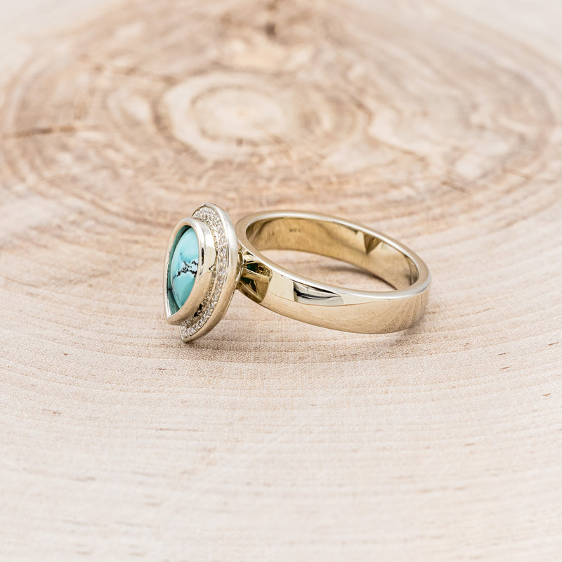 WIDE BAND TURQUOISE ENGAGEMENT RING WITH DIAMOND HALO