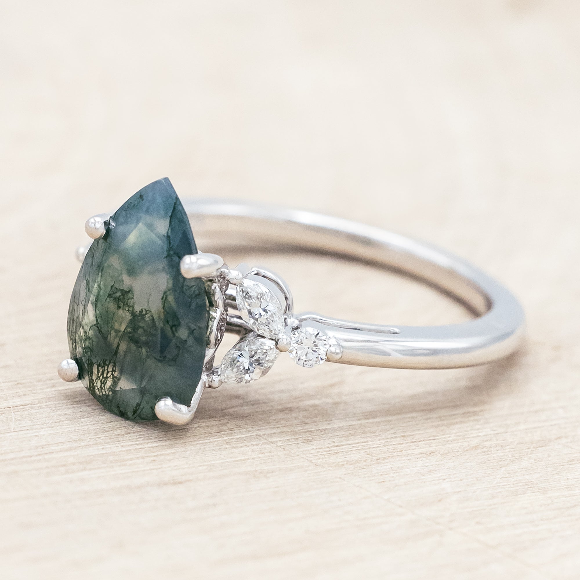 "BLOSSOM" - PEAR CUT MOSS AGATE ENGAGEMENT RING WITH DIAMOND ACCENTS-Staghead Designs