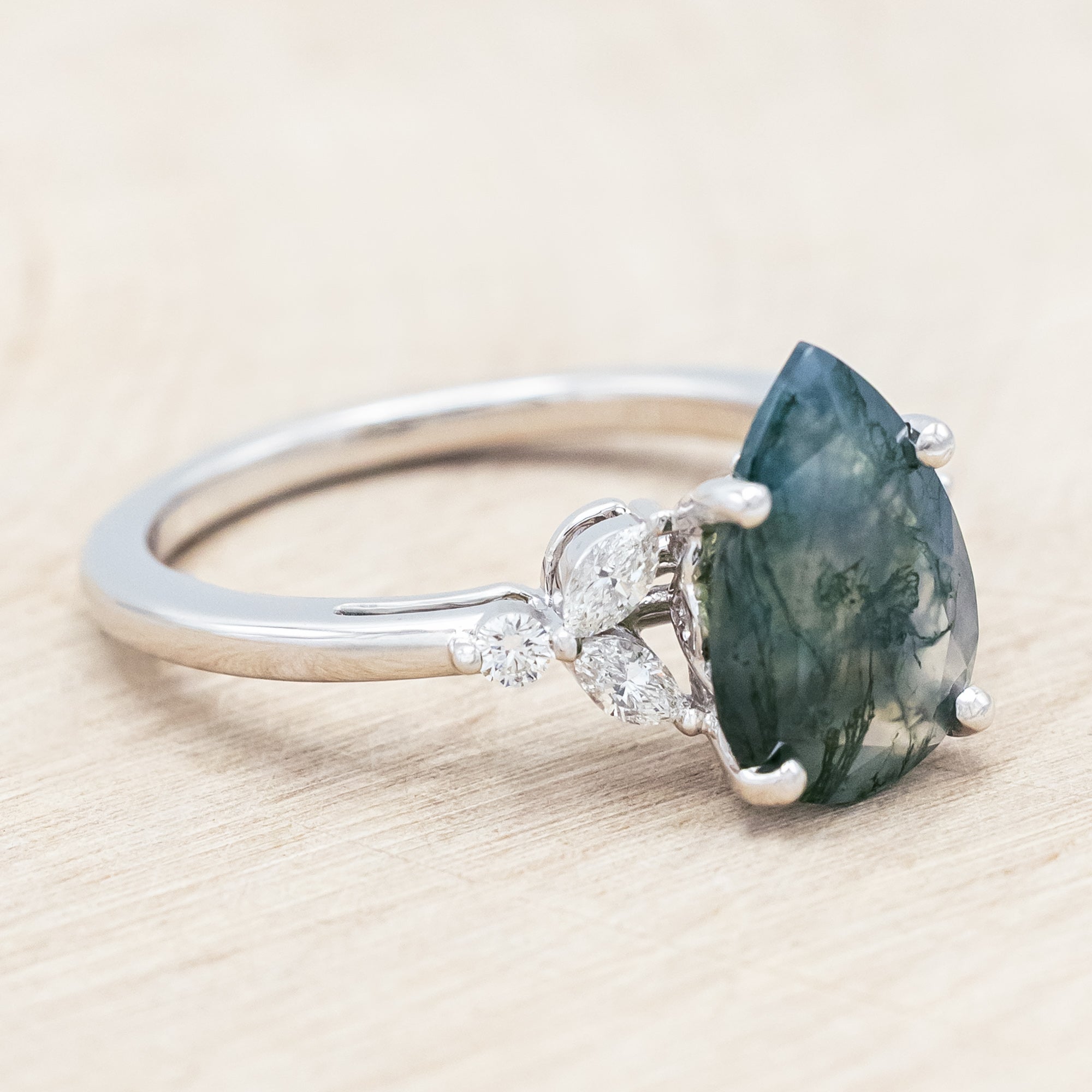 "BLOSSOM" - PEAR CUT MOSS AGATE ENGAGEMENT RING WITH DIAMOND ACCENTS-Staghead Designs