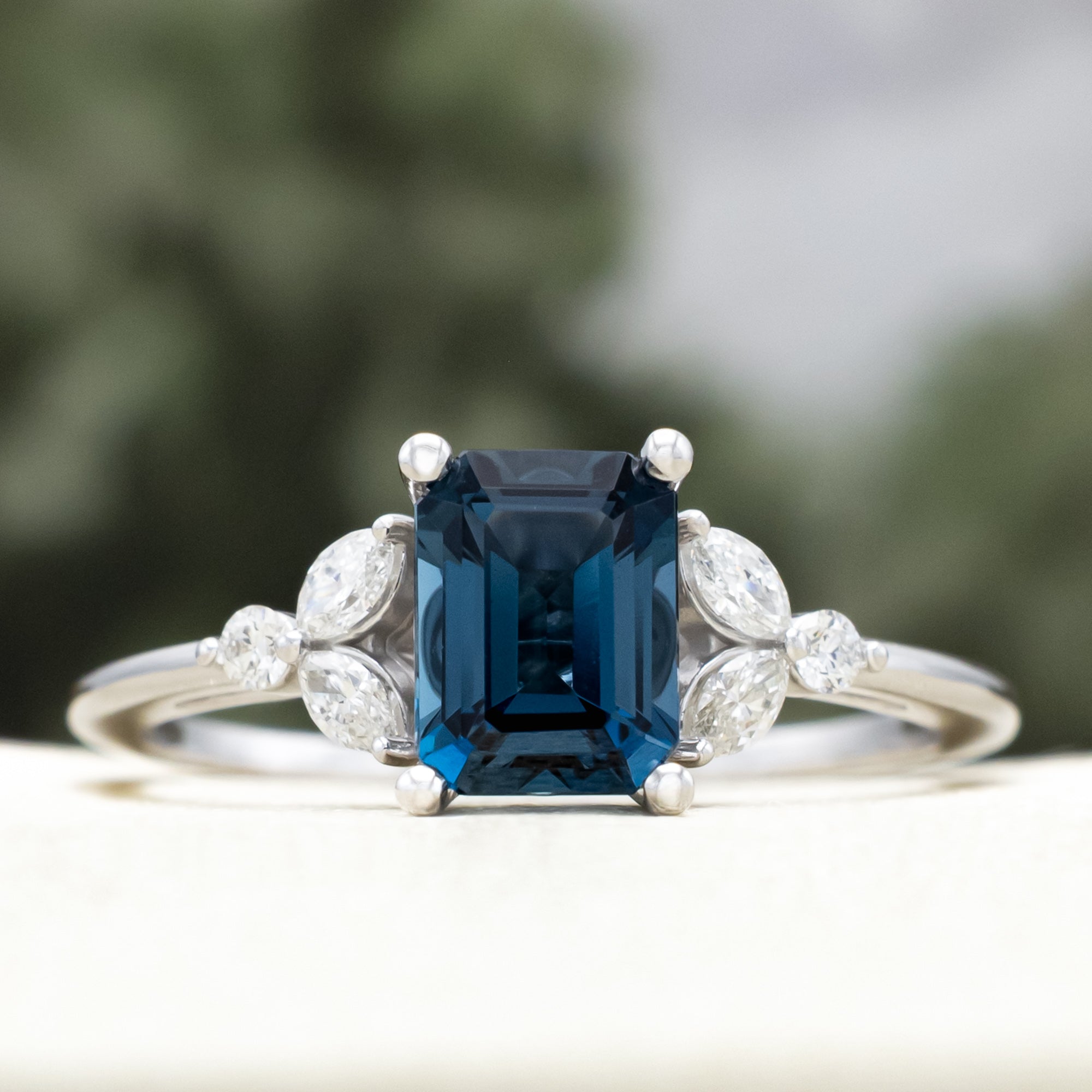 "BLOSSOM" - EMERALD CUT BLUE TOPAZ ENGAGEMENT RING WITH DIAMOND ACCENTS-Staghead Designs