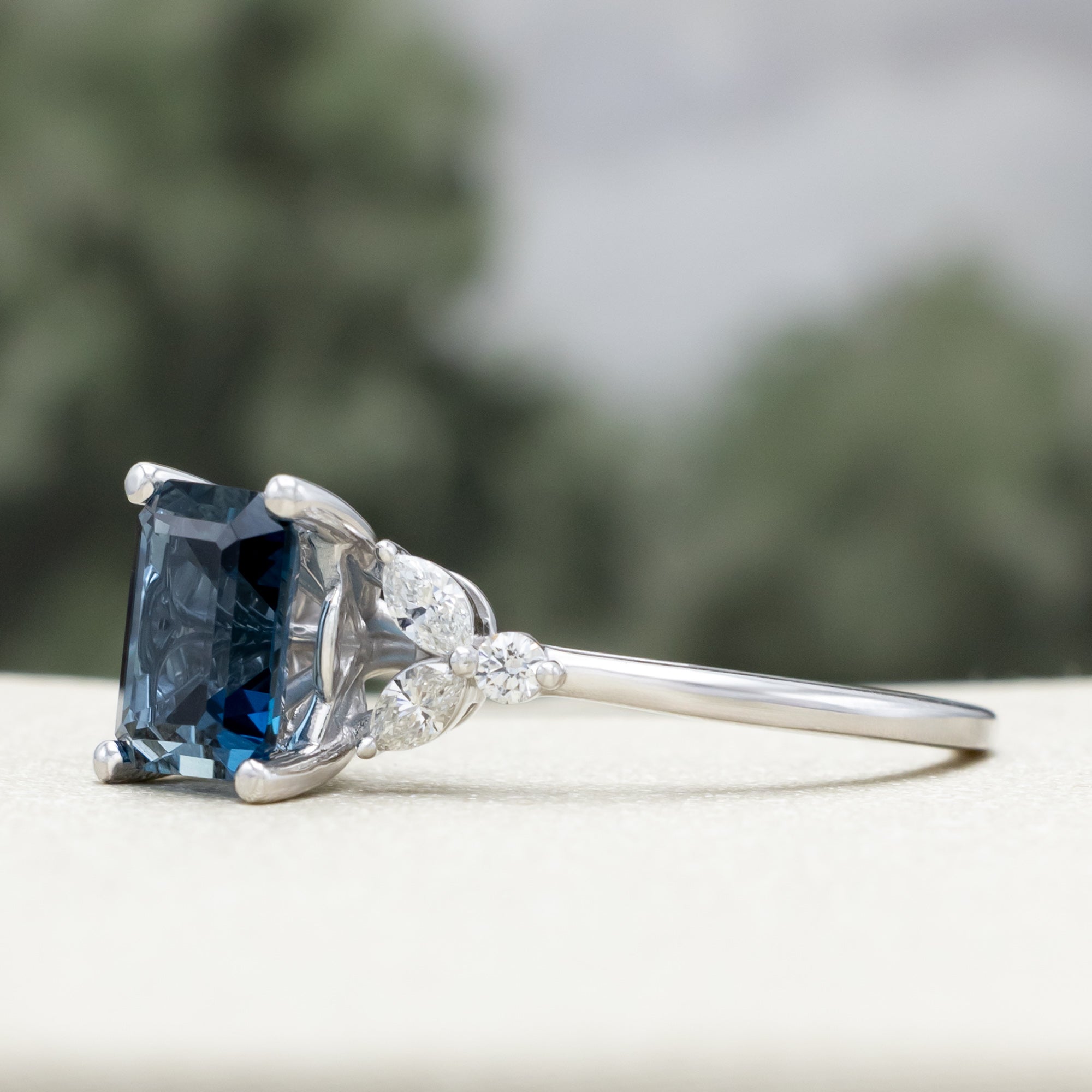 "BLOSSOM" - EMERALD CUT BLUE TOPAZ ENGAGEMENT RING WITH DIAMOND ACCENTS-Staghead Designs