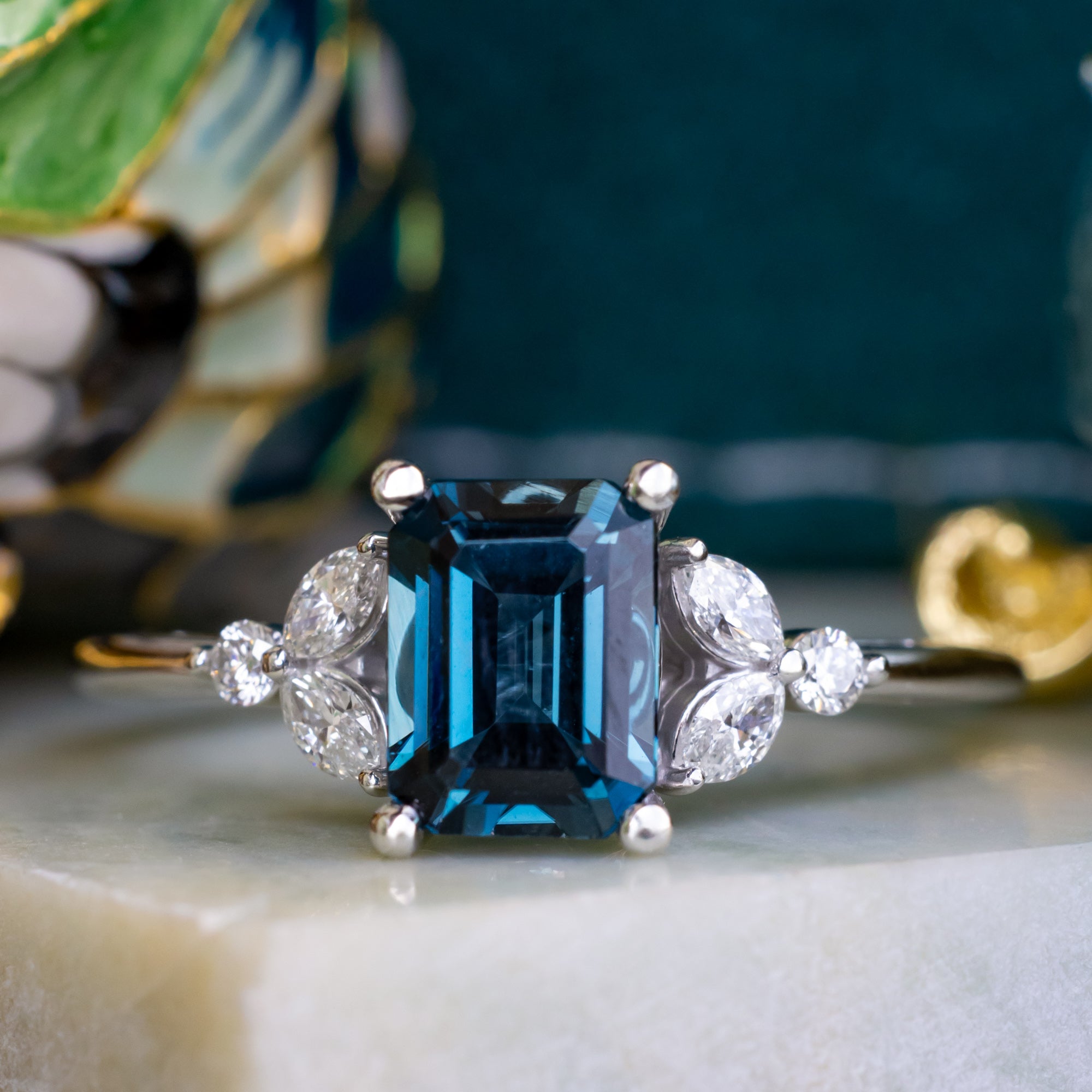 "BLOSSOM" - EMERALD CUT BLUE TOPAZ ENGAGEMENT RING WITH DIAMOND ACCENTS-Staghead Designs