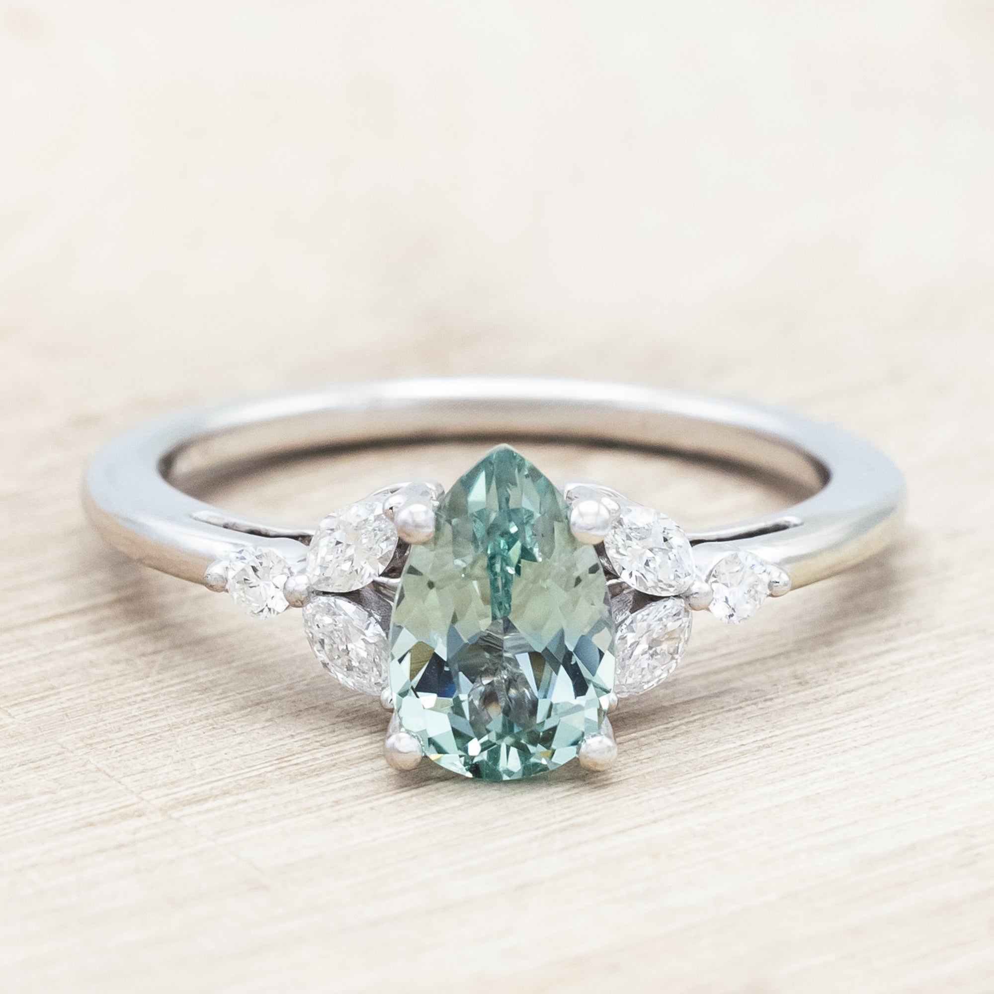 "BLOSSOM" - PEAR CUT LAB-GROWN GREEN SAPPHIRE ENGAGEMENT RING WITH DIAMOND ACCENTS-Staghead Designs