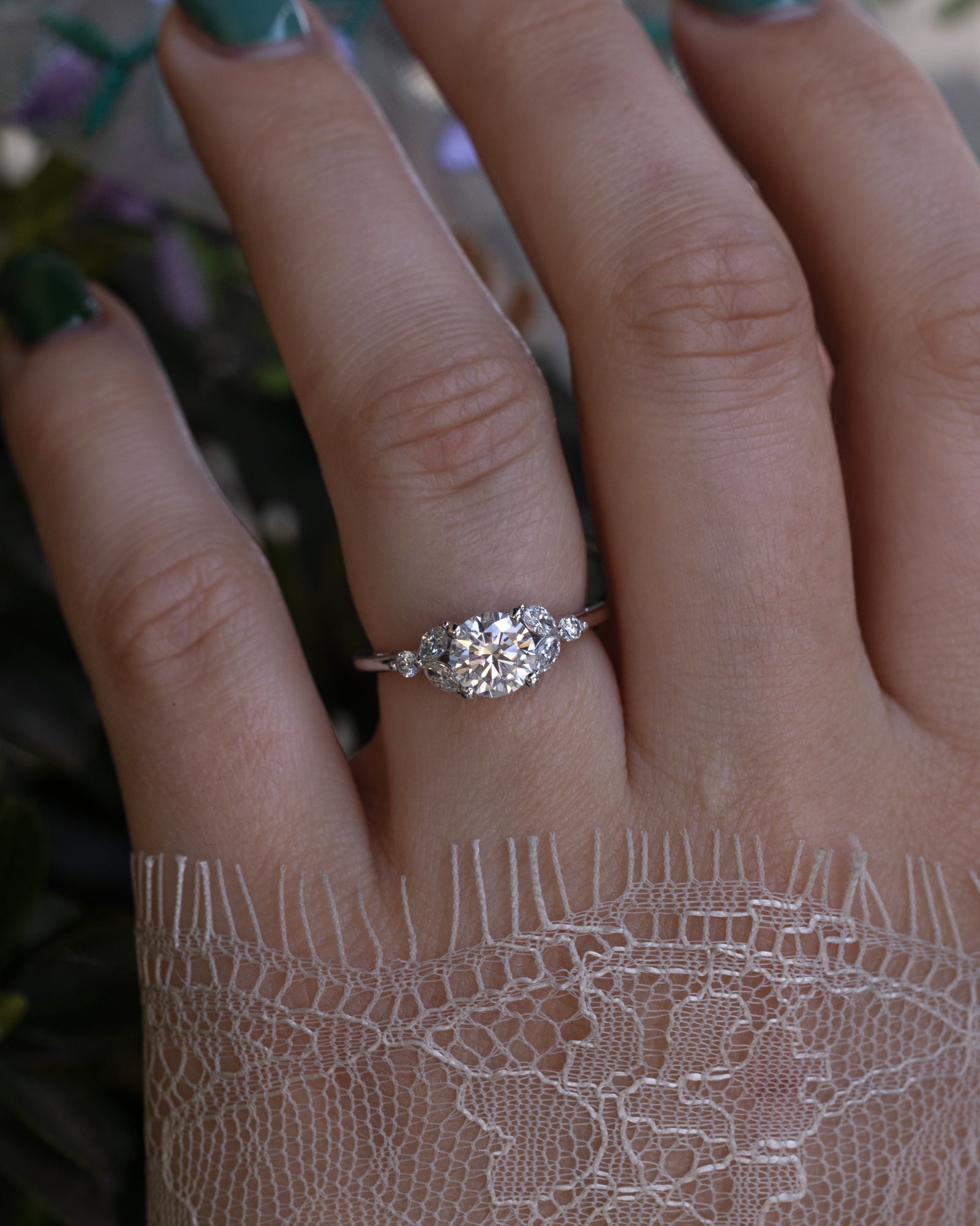 "BLOSSOM" - ENGAGEMENT RING WITH MARQUISE CUT DIAMOND ACCENTS - MOUNTING ONLY - SELECT YOUR OWN STONE