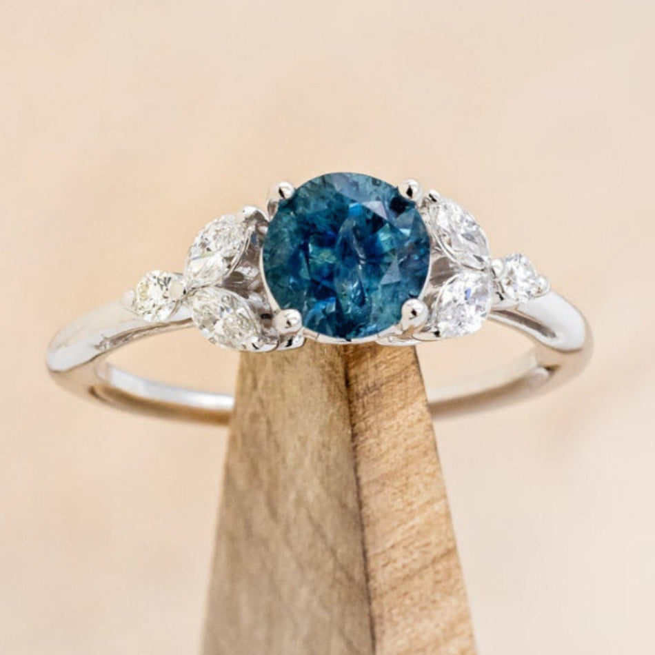 "BLOSSOM" - ROUND CUT MONTANA SAPPHIRE ENGAGEMENT RING WITH LEAF-SHAPED DIAMOND ACCENTS-7