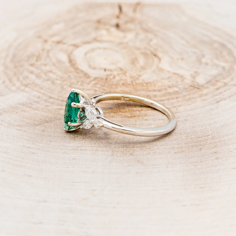 "BLOSSOM" - MARQUISE CUT LAB-GROWN EMERALD ENGAGEMENT RING WITH LEAF-SHAPED DIAMOND ACCENTS - 14K WHITE GOLD - SIZE 7 1/2-3