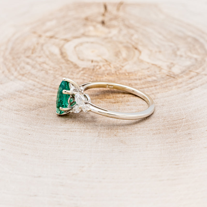 "BLOSSOM" - MARQUISE CUT LAB-GROWN EMERALD ENGAGEMENT RING WITH LEAF-SHAPED DIAMOND ACCENTS