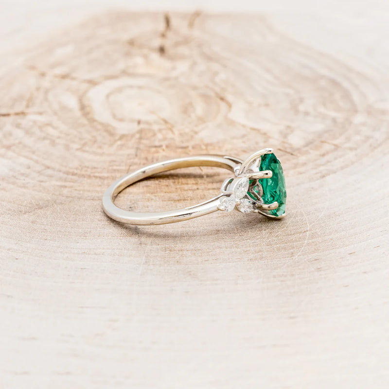 "BLOSSOM" - MARQUISE CUT LAB-GROWN EMERALD ENGAGEMENT RING WITH LEAF-SHAPED DIAMOND ACCENTS - 14K WHITE GOLD - SIZE 7 1/2-2