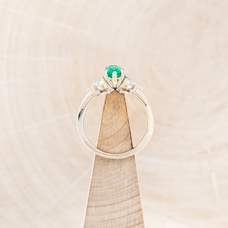 "BLOSSOM" - MARQUISE CUT LAB-GROWN EMERALD ENGAGEMENT RING WITH LEAF-SHAPED DIAMOND ACCENTS - 14K WHITE GOLD - SIZE 7 1/2-6