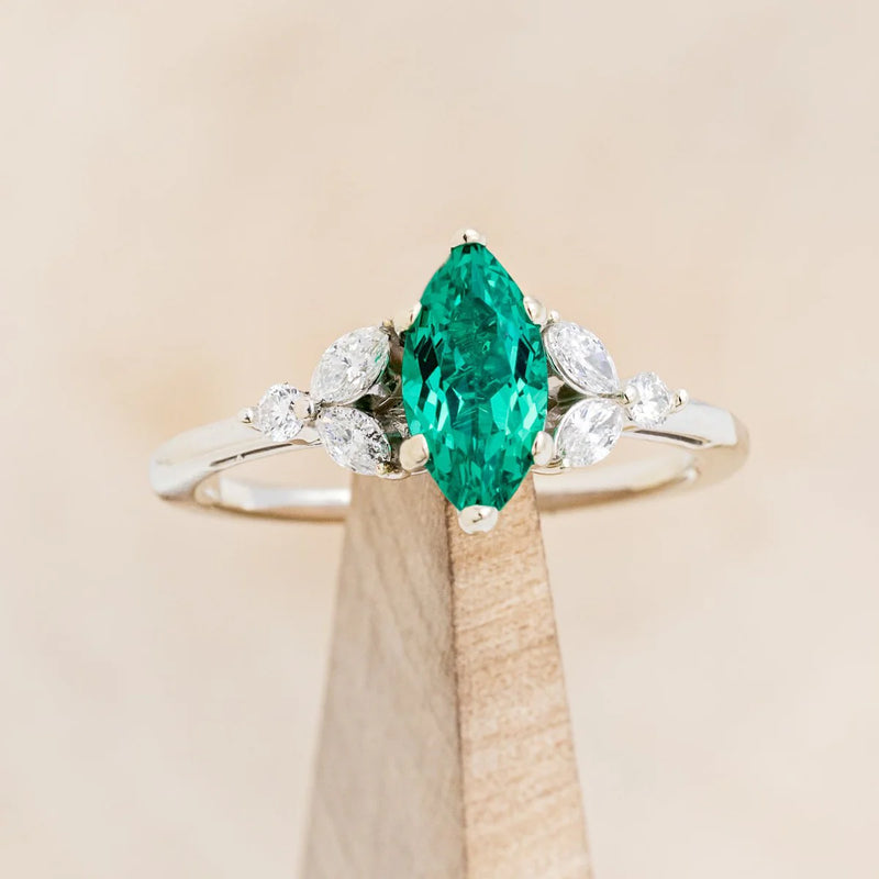 "BLOSSOM" - MARQUISE CUT LAB-GROWN EMERALD ENGAGEMENT RING WITH LEAF-SHAPED DIAMOND ACCENTS - 14K WHITE GOLD - SIZE 7 1/2-1