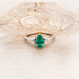 "BLOSSOM" - MARQUISE CUT LAB-GROWN EMERALD ENGAGEMENT RING WITH LEAF-SHAPED DIAMOND ACCENTS - 14K WHITE GOLD - SIZE 7 1/2-4