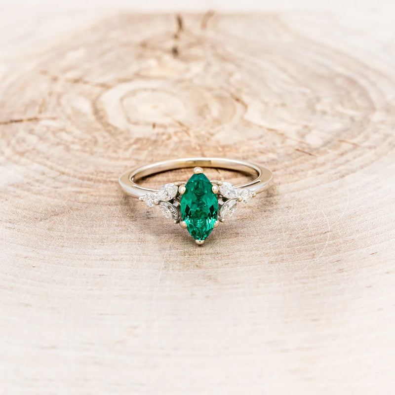 "BLOSSOM" - MARQUISE CUT LAB-GROWN EMERALD ENGAGEMENT RING WITH LEAF-SHAPED DIAMOND ACCENTS - 14K WHITE GOLD - SIZE 7 1/2-4