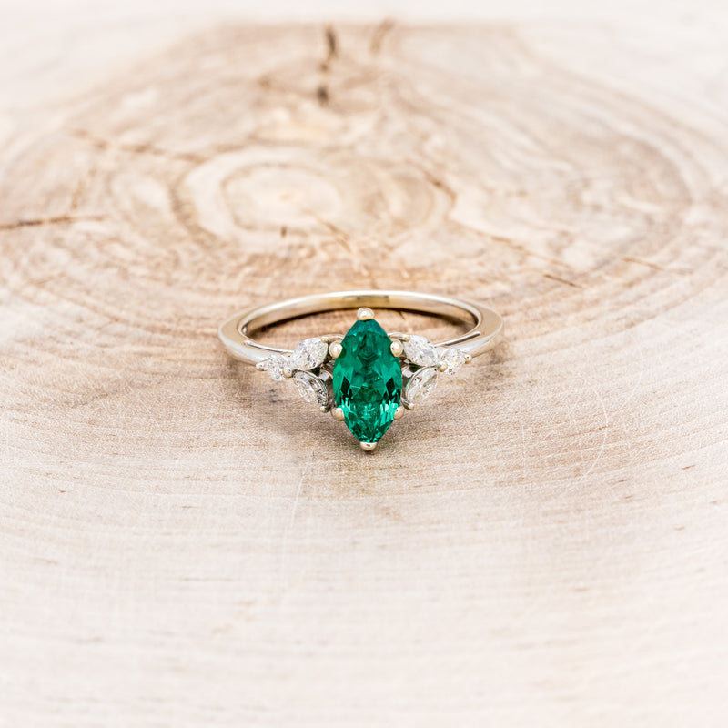 "BLOSSOM" - MARQUISE CUT LAB-GROWN EMERALD ENGAGEMENT RING WITH LEAF-SHAPED DIAMOND ACCENTS