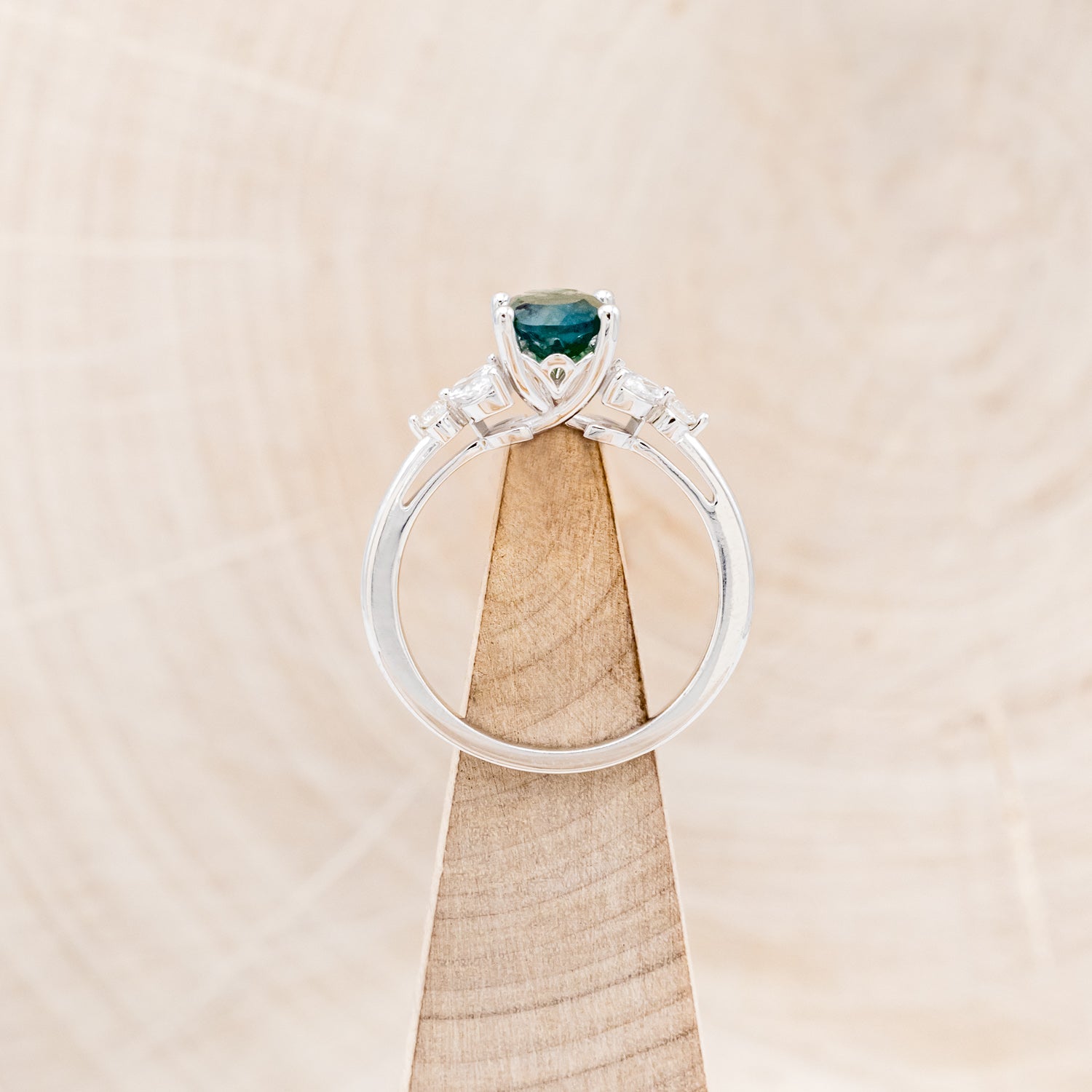 "BLOSSOM" OVALCUT MOSS AGATE ENGAGEMENT RING WITH LEAFSHAPED DIAMO