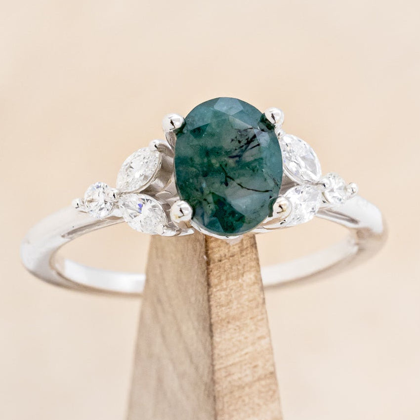 "BLOSSOM" - OVAL-CUT MOSS AGATE ENGAGEMENT RING WITH LEAF-SHAPED DIAMOND ACCENTS-14