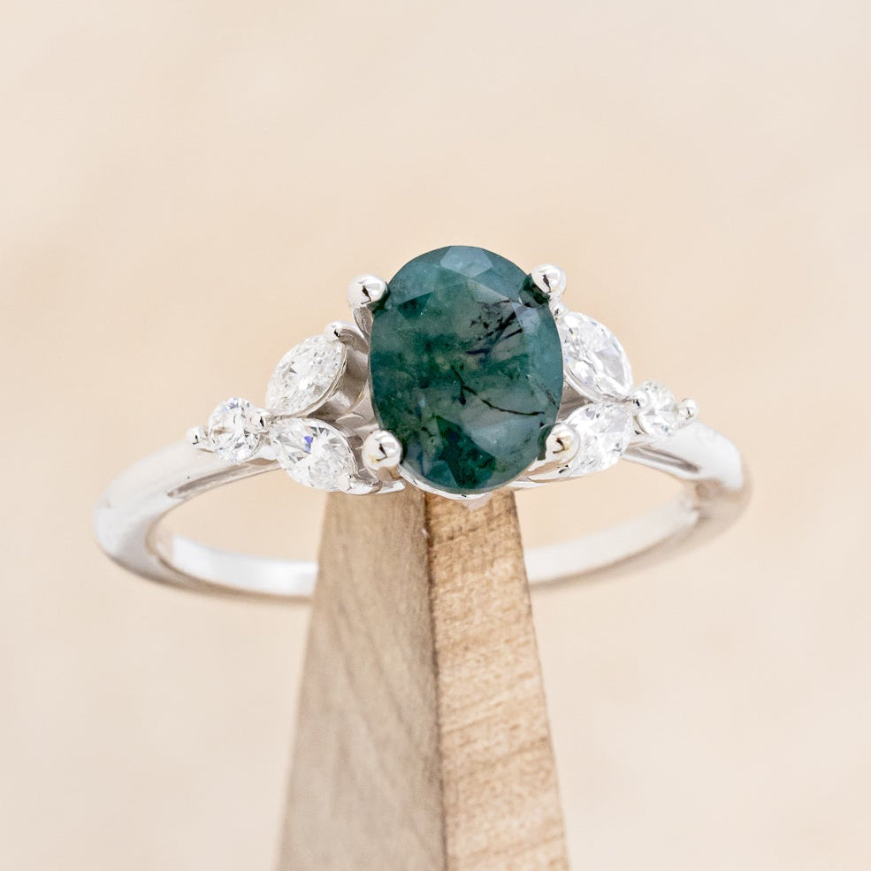 "BLOSSOM" - OVAL-CUT MOSS AGATE ENGAGEMENT RING WITH LEAF-SHAPED DIAMOND ACCENTS-14