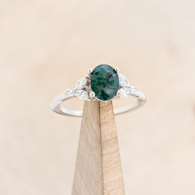"BLOSSOM" - OVAL-CUT MOSS AGATE ENGAGEMENT RING WITH LEAF-SHAPED DIAMOND ACCENTS