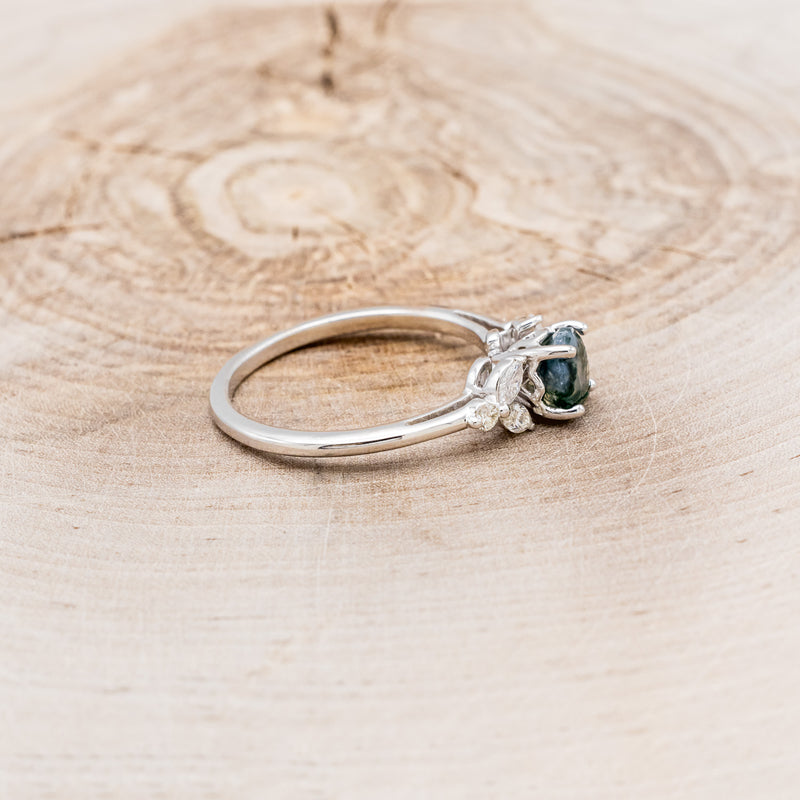 "BLOSSOM" - ROUND CUT MOSS AGATE ENGAGEMENT RING WITH LEAF-SHAPED DIAMOND ACCENTS - READY TO SHIP