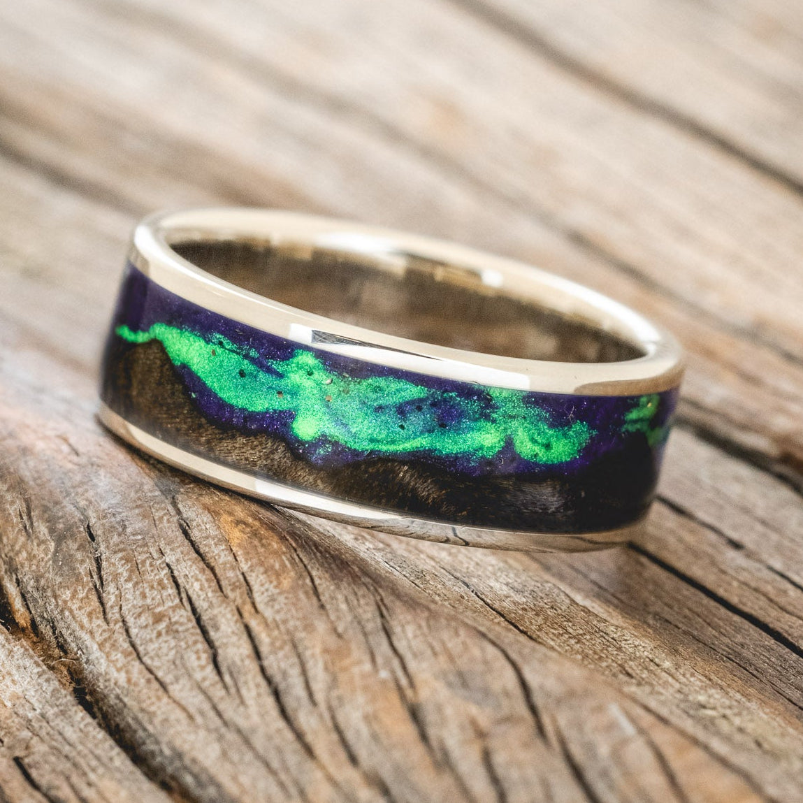"BOREALIS" - MOUNTAIN ENGRAVED WEDDING RING WITH DARK MAPLE WOOD & GLOW IN THE DARK NORTHERN LIGHTS-28