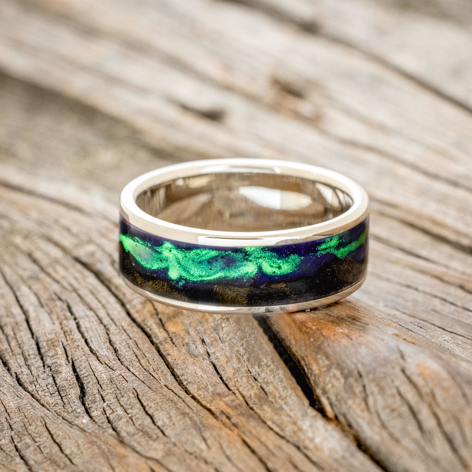 "BOREALIS" - MOUNTAIN ENGRAVED WEDDING RING WITH DARK MAPLE WOOD & GLOW IN THE DARK NORTHERN LIGHTS-29