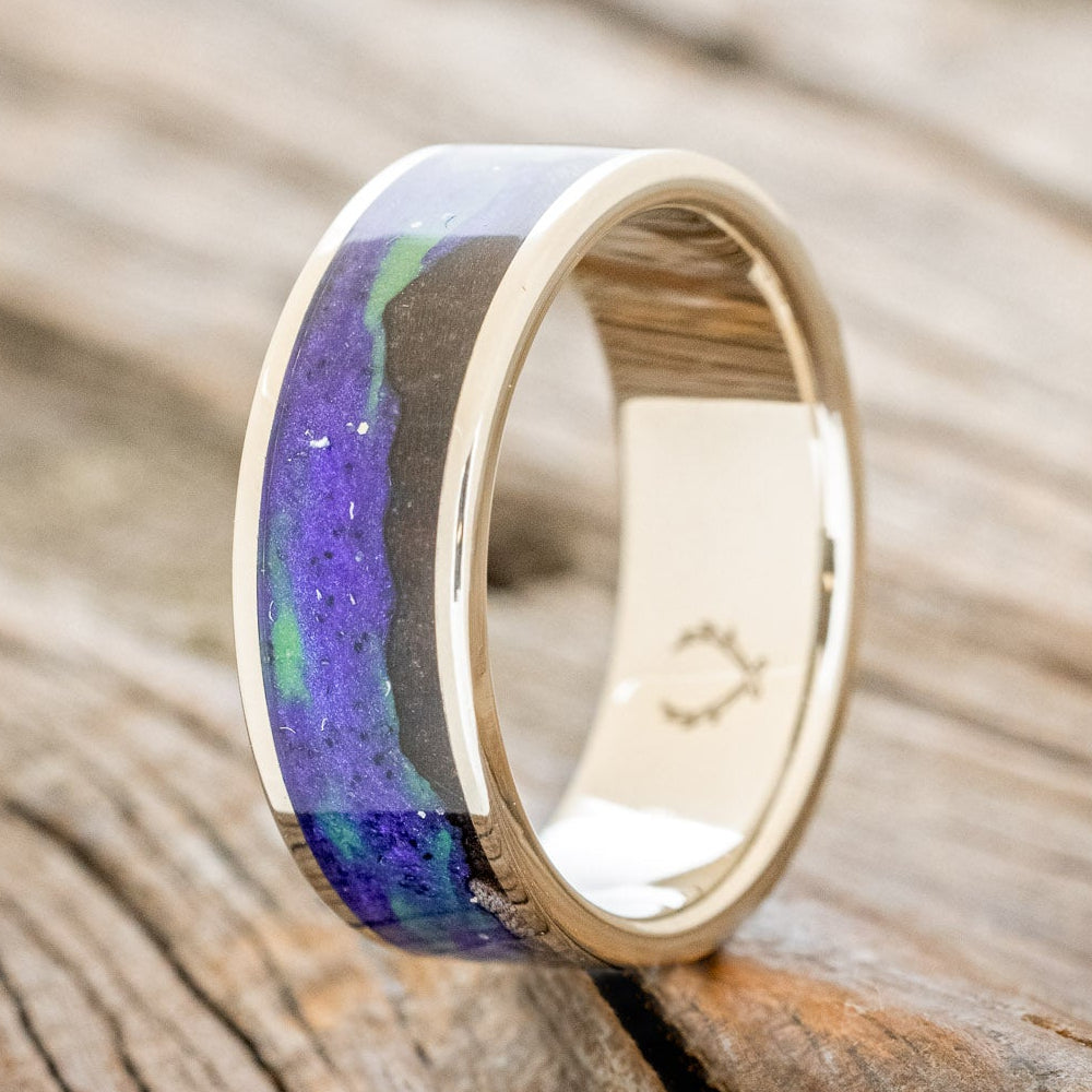 "BOREALIS" - MOUNTAIN ENGRAVED WEDDING RING WITH GLOW IN THE DARK NORTHERN LIGHTS-Staghead Designs