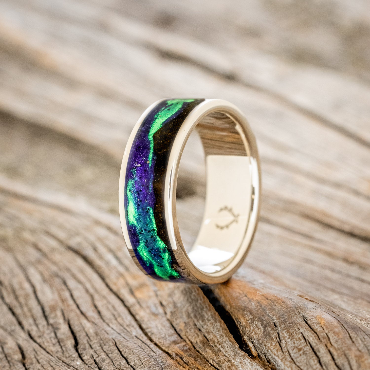 "BOREALIS" - MOUNTAIN ENGRAVED WEDDING RING WITH DARK MAPLE WOOD & GLOW IN THE DARK NORTHERN LIGHTS-27