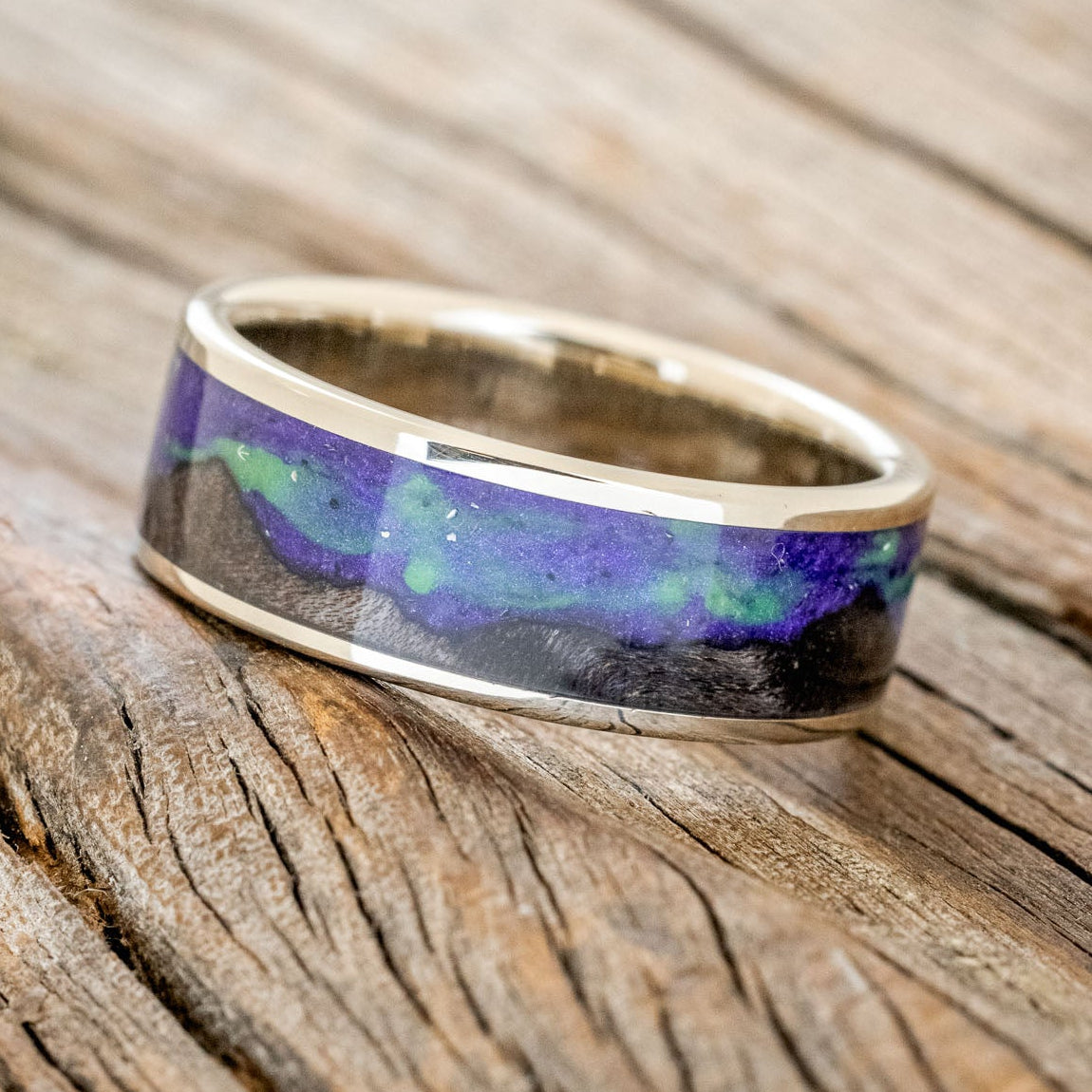 "BOREALIS" - MOUNTAIN ENGRAVED WEDDING RING WITH DARK MAPLE WOOD & GLOW IN THE DARK NORTHERN LIGHTS-25