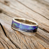 "BOREALIS" - MOUNTAIN ENGRAVED WEDDING RING WITH DARK MAPLE WOOD & GLOW IN THE DARK NORTHERN LIGHTS