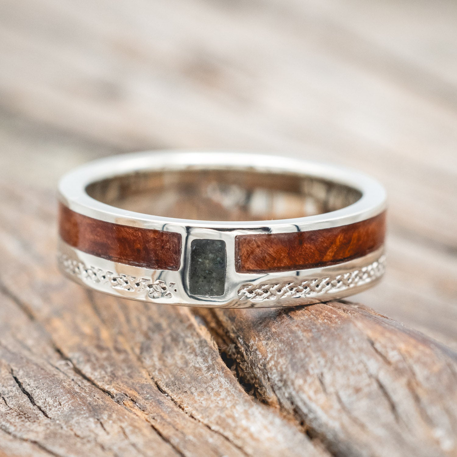 "BOWER" - REDWOOD & MOSS AGATE WEDDING BAND WITH CELTIC SAILOR'S KNOT ENGRAVINGS-Staghead Designs