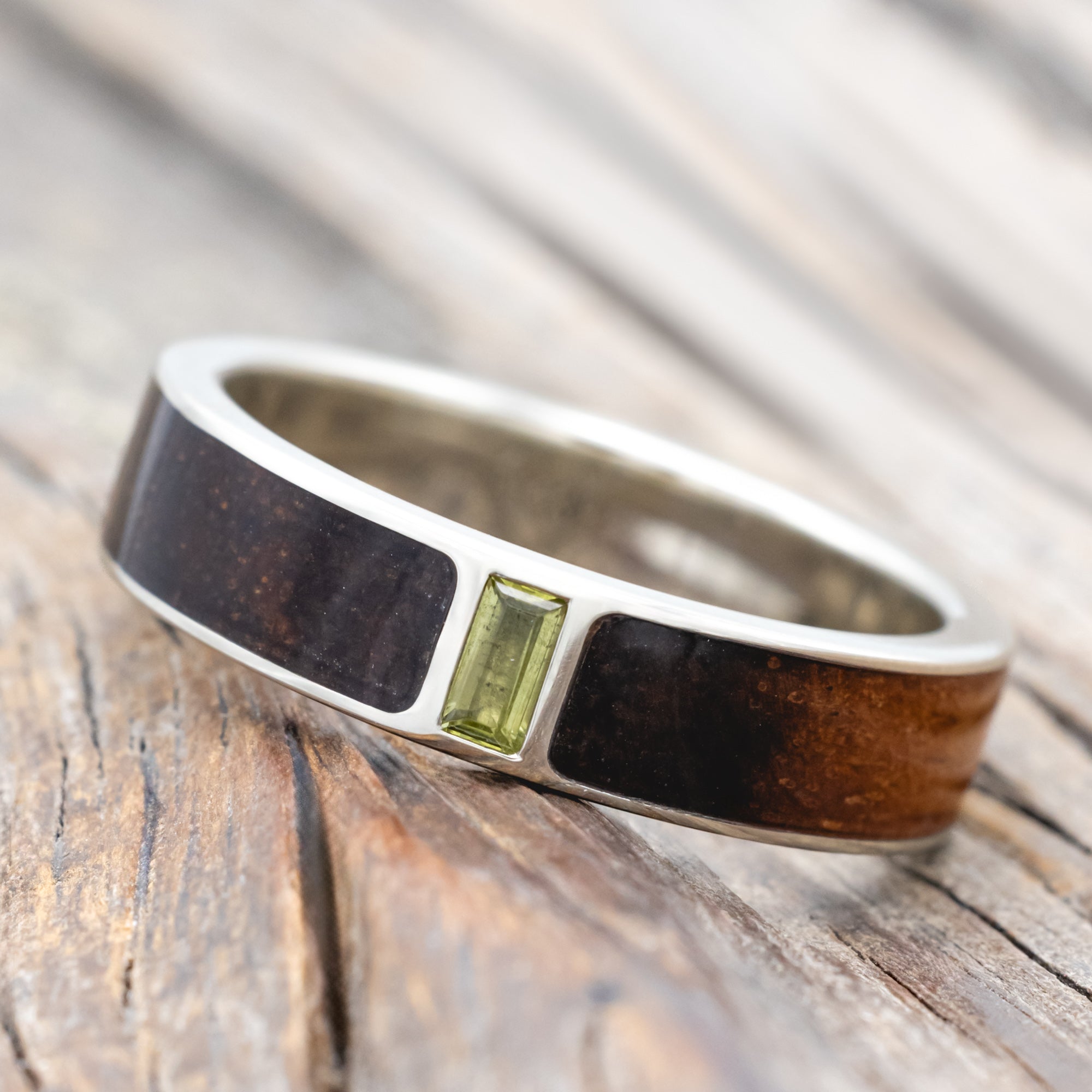"Caspian" - Koa Wood Wedding Ring With Peridot Accent-Staghead Designs