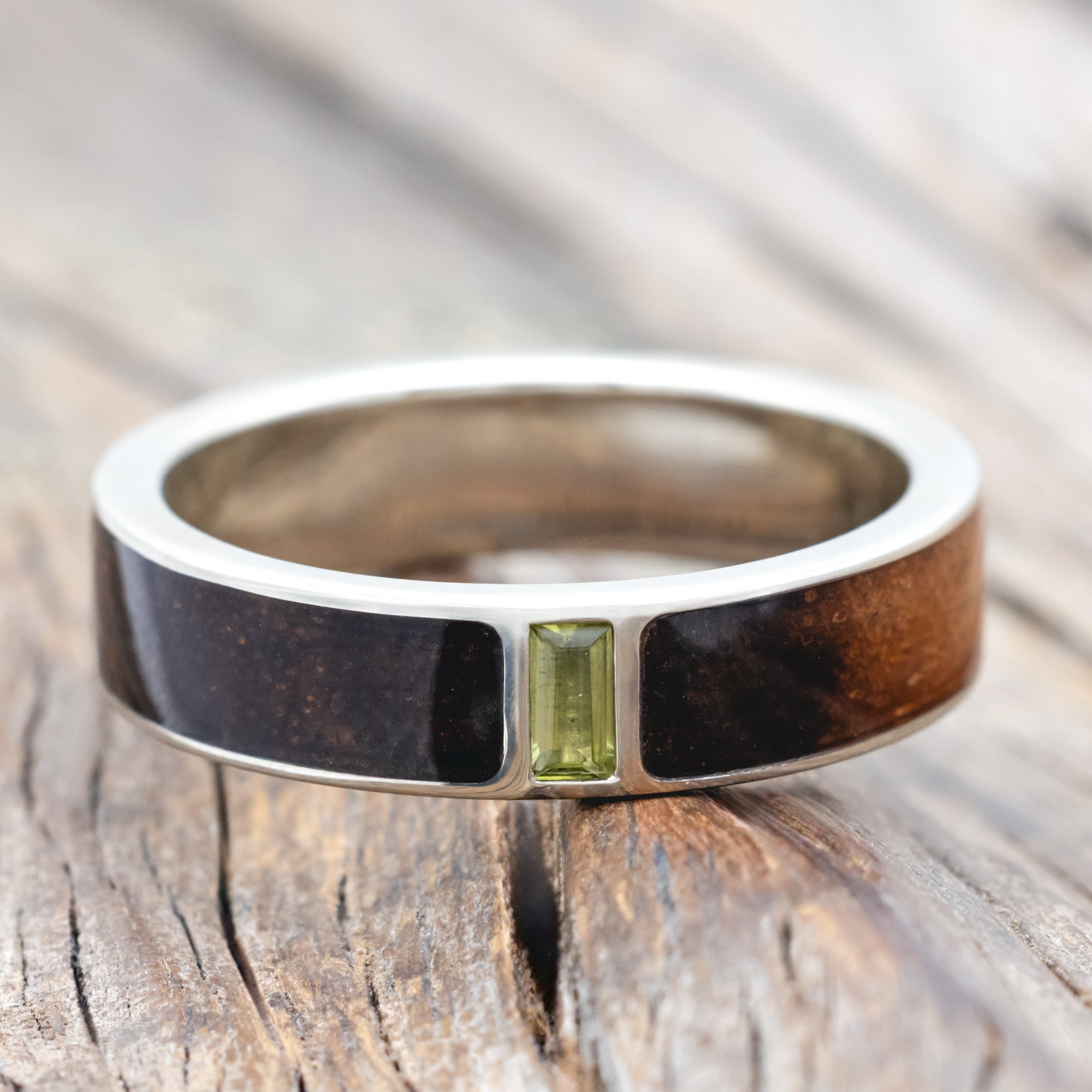 "Caspian" - Koa Wood Wedding Ring With Peridot Accent-Staghead Designs