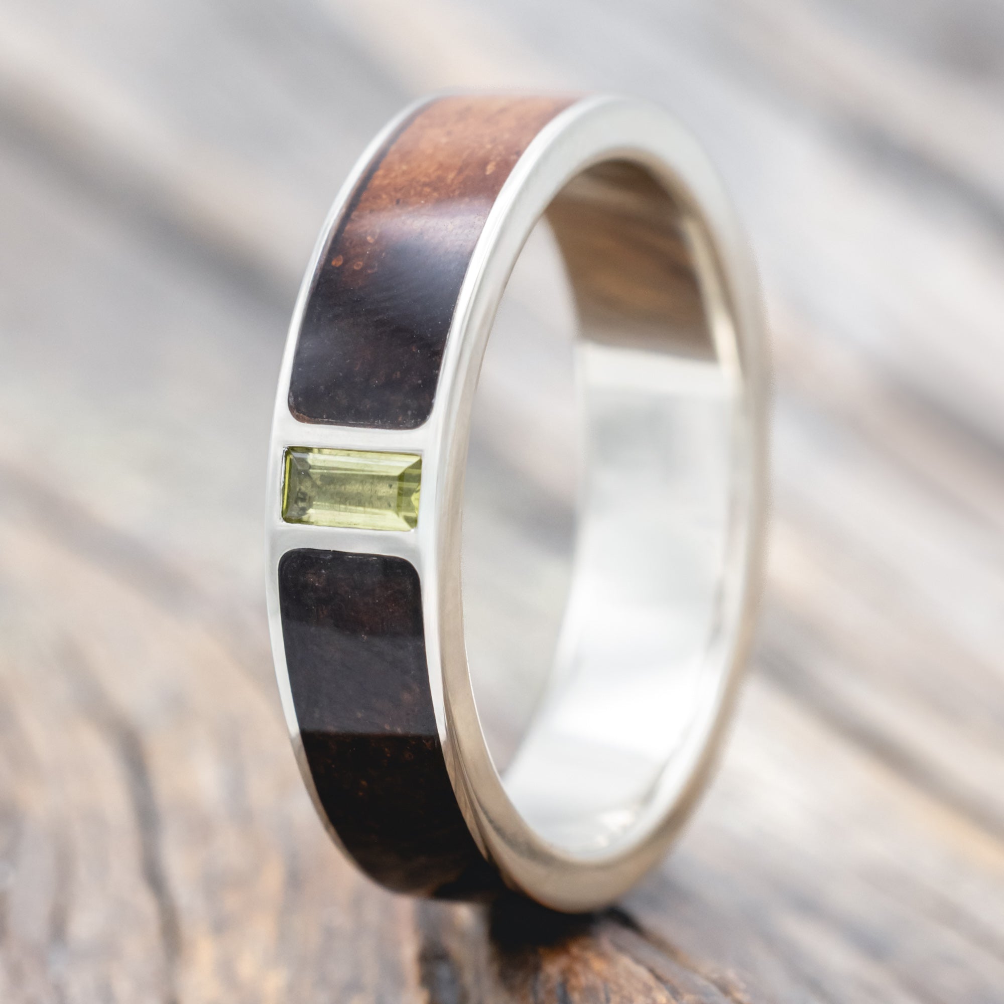 "Caspian" - Koa Wood Wedding Ring With Peridot Accent-Staghead Designs