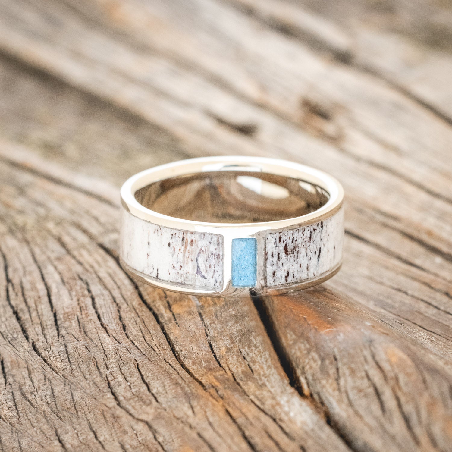 "CASPIAN" - MATCHING SET OF ANTLER & TURQUOISE WEDDING BANDS-11