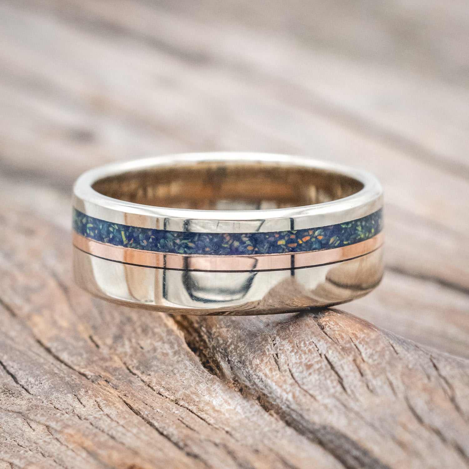 "CASTOR" - LAPIS LAZULI & FIRE & ICE OPAL MIXTURE WITH A 14K GOLD INLAY WEDDING RING-Staghead Designs