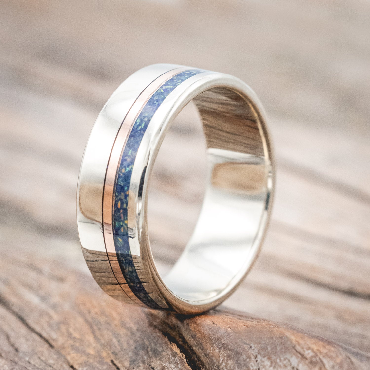 "CASTOR" - LAPIS LAZULI & FIRE & ICE OPAL MIXTURE WITH A 14K GOLD INLAY WEDDING RING-Staghead Designs