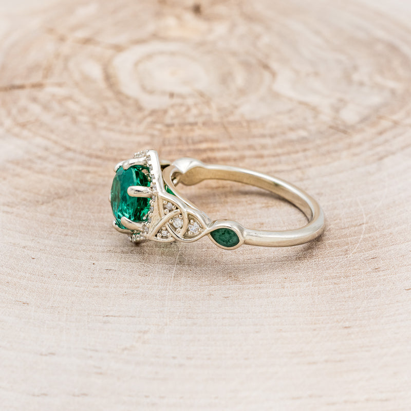 "LUCY IN THE SKY" - ROUND CUT LAB-GROWN EMERALD ENGAGEMENT RING WITH CELTIC KNOT ENGRAVINGS & MALACHITE INLAYS-3