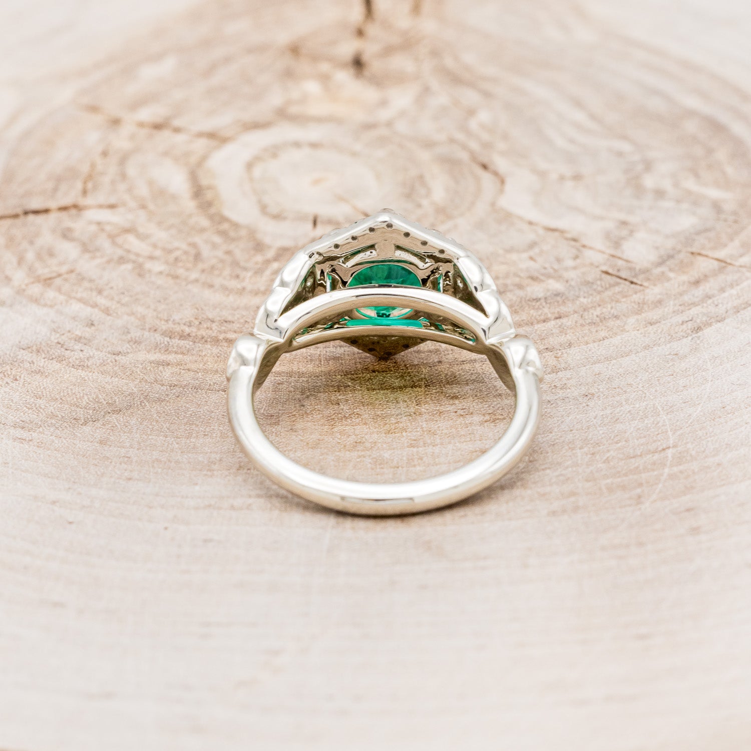 "LUCY IN THE SKY" - ROUND CUT LAB-GROWN EMERALD ENGAGEMENT RING WITH CELTIC KNOT ENGRAVINGS & MALACHITE INLAYS-5