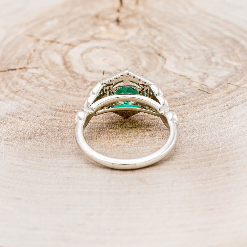"LUCY IN THE SKY" - ROUND CUT LAB-GROWN EMERALD ENGAGEMENT RING WITH CELTIC KNOT ENGRAVINGS & MALACHITE INLAYS