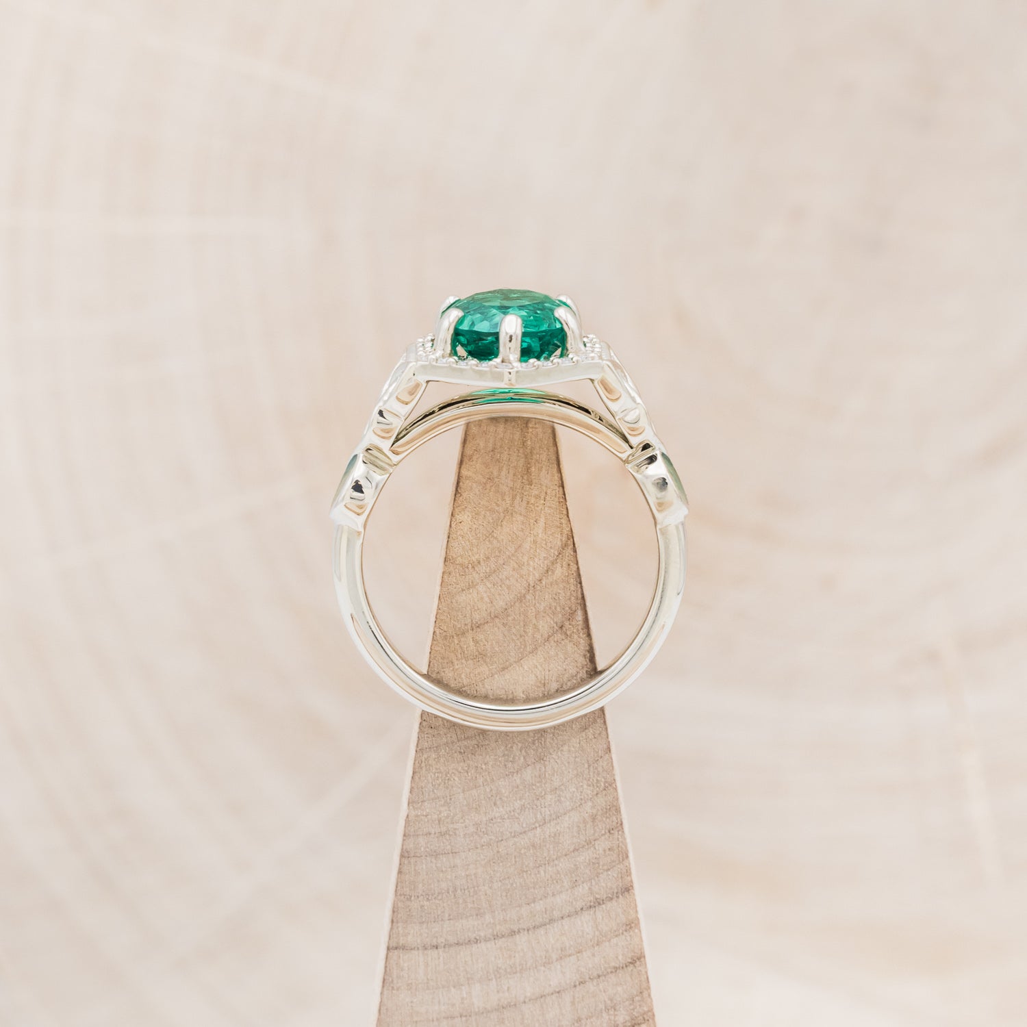 "LUCY IN THE SKY" - ROUND CUT LAB-GROWN EMERALD ENGAGEMENT RING WITH CELTIC KNOT ENGRAVINGS & MALACHITE INLAYS-6