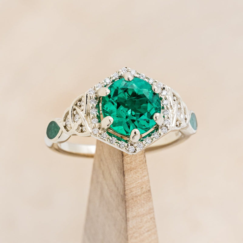 "LUCY IN THE SKY" - ROUND CUT LAB-GROWN EMERALD ENGAGEMENT RING WITH CELTIC KNOT ENGRAVINGS & MALACHITE INLAYS