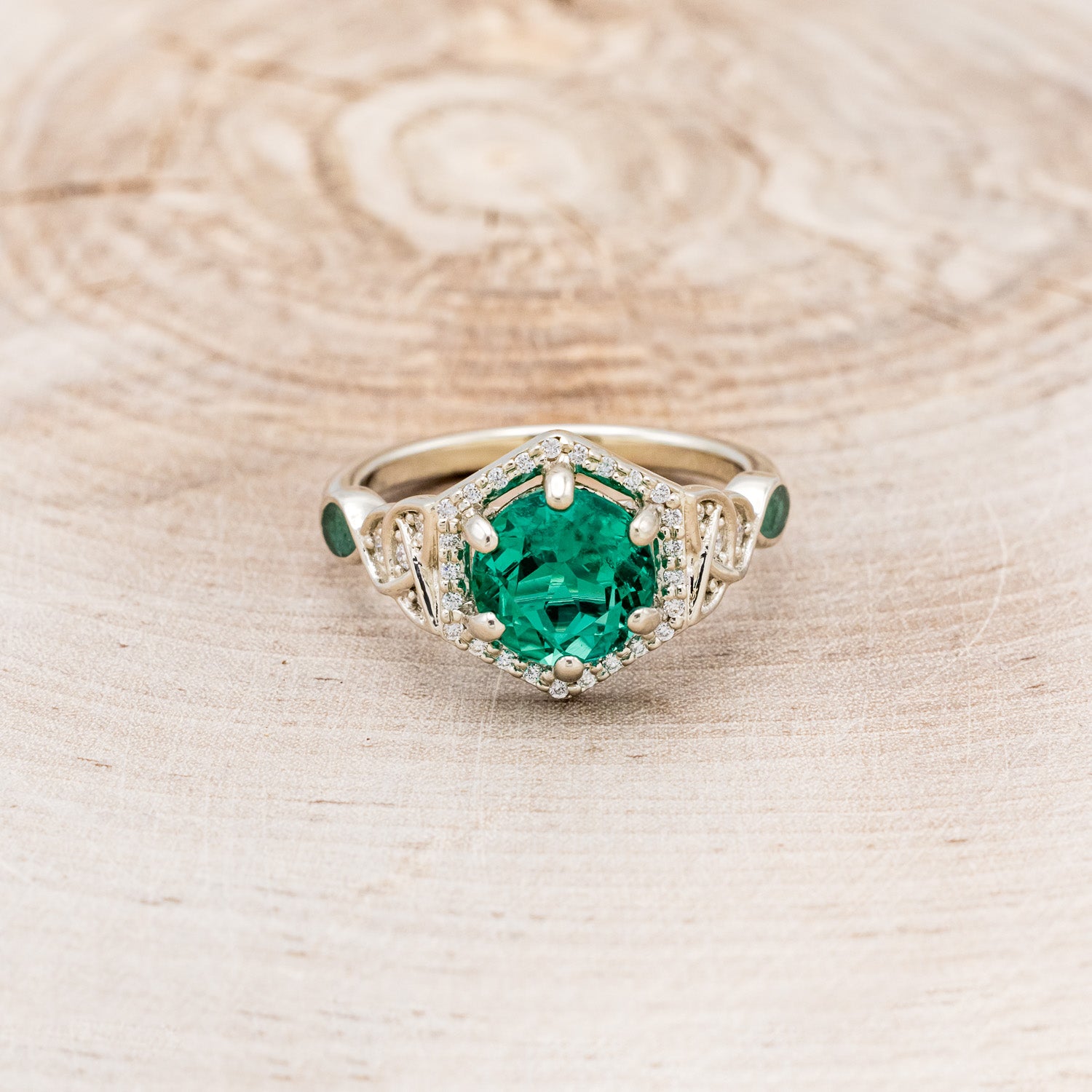 "LUCY IN THE SKY" - ROUND CUT LAB-GROWN EMERALD ENGAGEMENT RING WITH CELTIC KNOT ENGRAVINGS & MALACHITE INLAYS-4