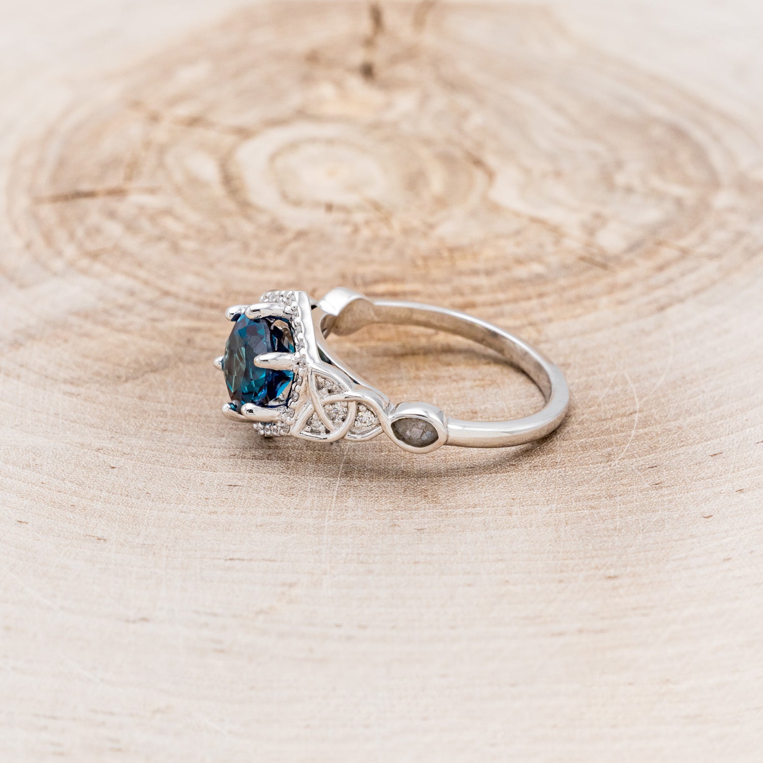 "LUCY IN THE SKY" - ROUND CUT LAB-GROWN ALEXANDRITE ENGAGEMENT RING WITH CELTIC KNOT ENGRAVINGS & MOTHER OF PEARL INLAYS-3