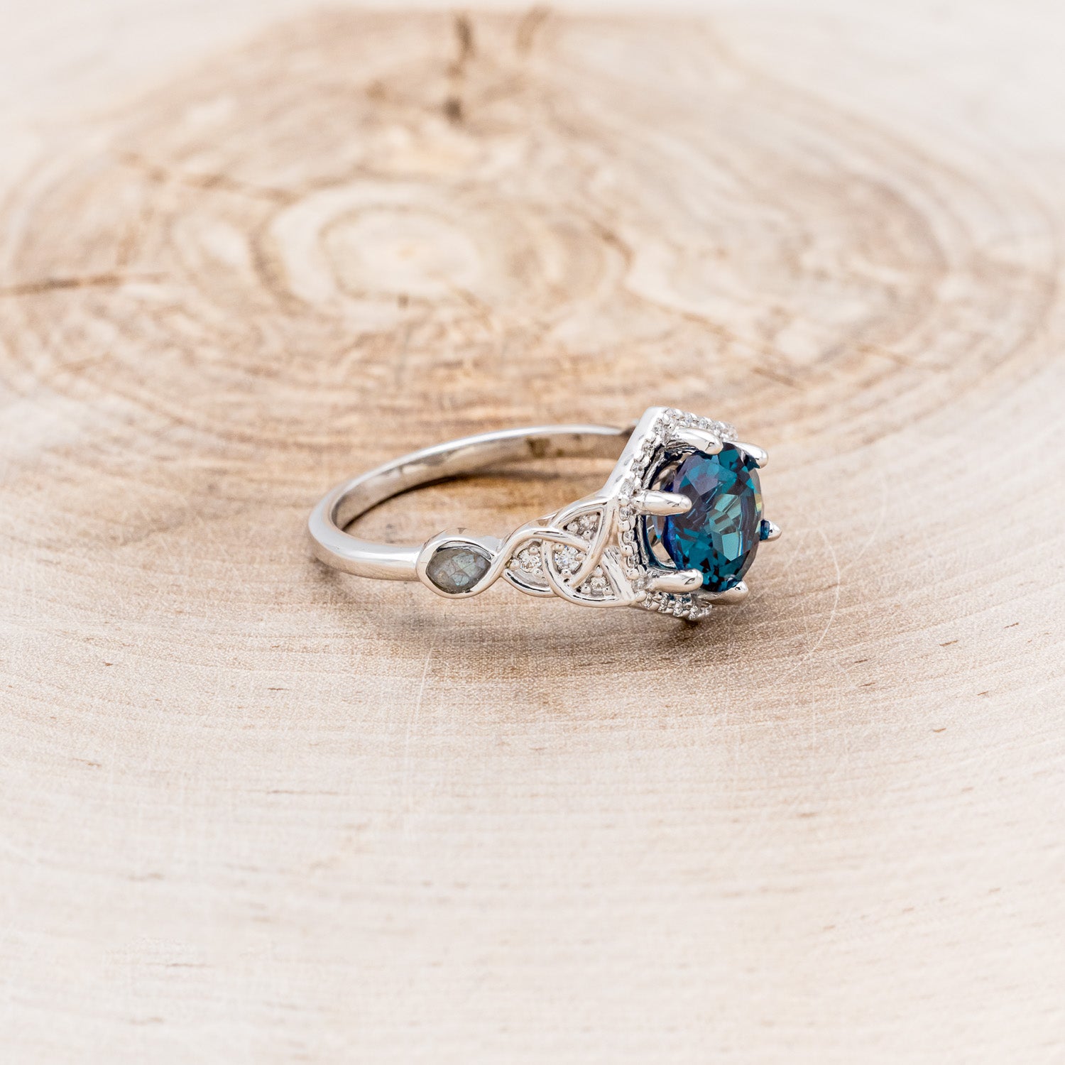 "LUCY IN THE SKY" - ROUND CUT LAB-GROWN ALEXANDRITE ENGAGEMENT RING WITH CELTIC KNOT ENGRAVINGS & MOTHER OF PEARL INLAYS-2