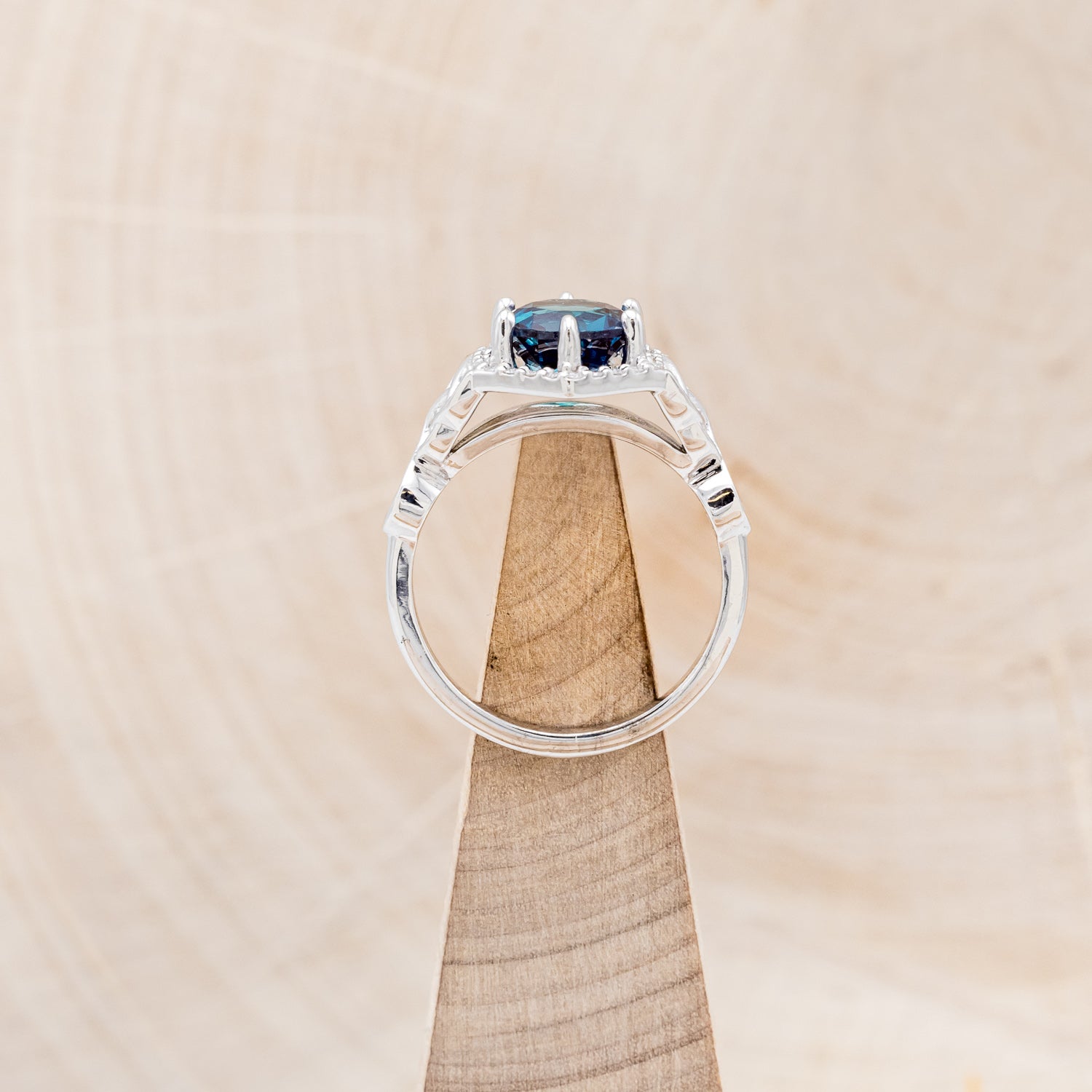 "LUCY IN THE SKY" - ROUND CUT LAB-GROWN ALEXANDRITE ENGAGEMENT RING WITH CELTIC KNOT ENGRAVINGS & MOTHER OF PEARL INLAYS-6