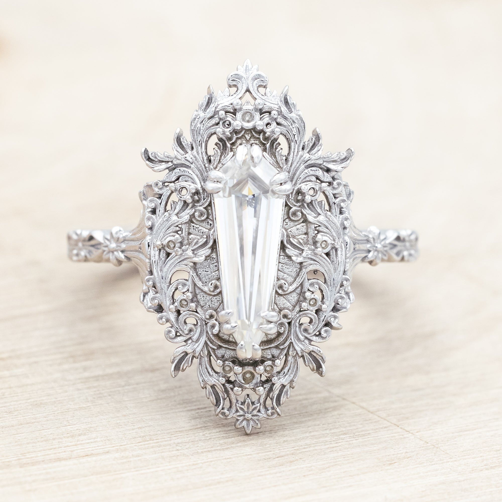 "CHERIE" - ROCOCO-STYLE DAGGER CUT MOISSANITE ENGAGEMENT RING WITH DIAMOND ACCENTS-Staghead Designs
