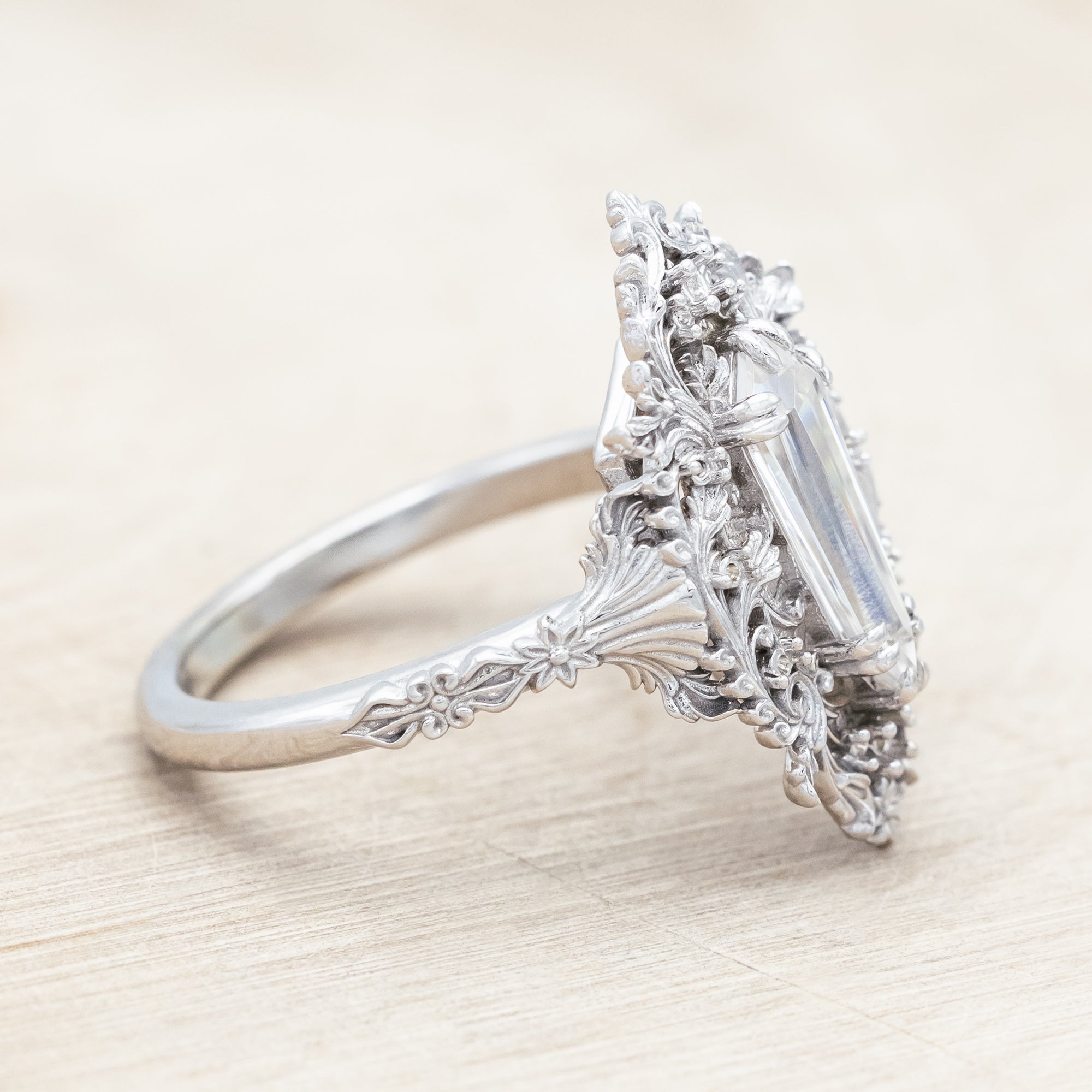"CHERIE" - ROCOCO-STYLE DAGGER CUT MOISSANITE ENGAGEMENT RING WITH DIAMOND ACCENTS-Staghead Designs