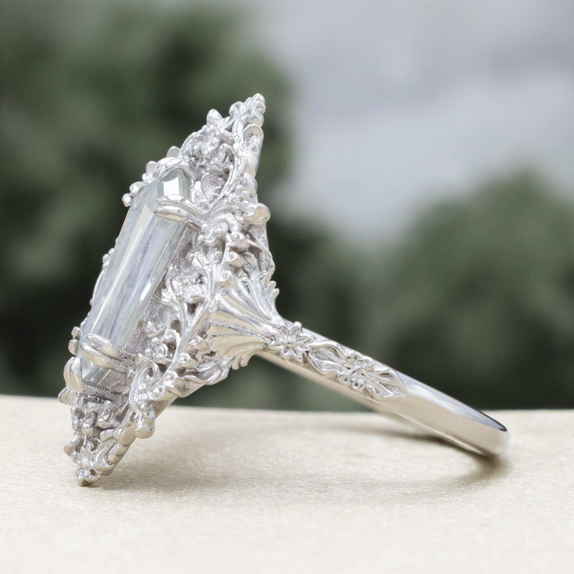 "Cherie" - Rococo-Style Dagger Cut Moissanite Engagement Ring With Diamond Accents-Staghead Designs