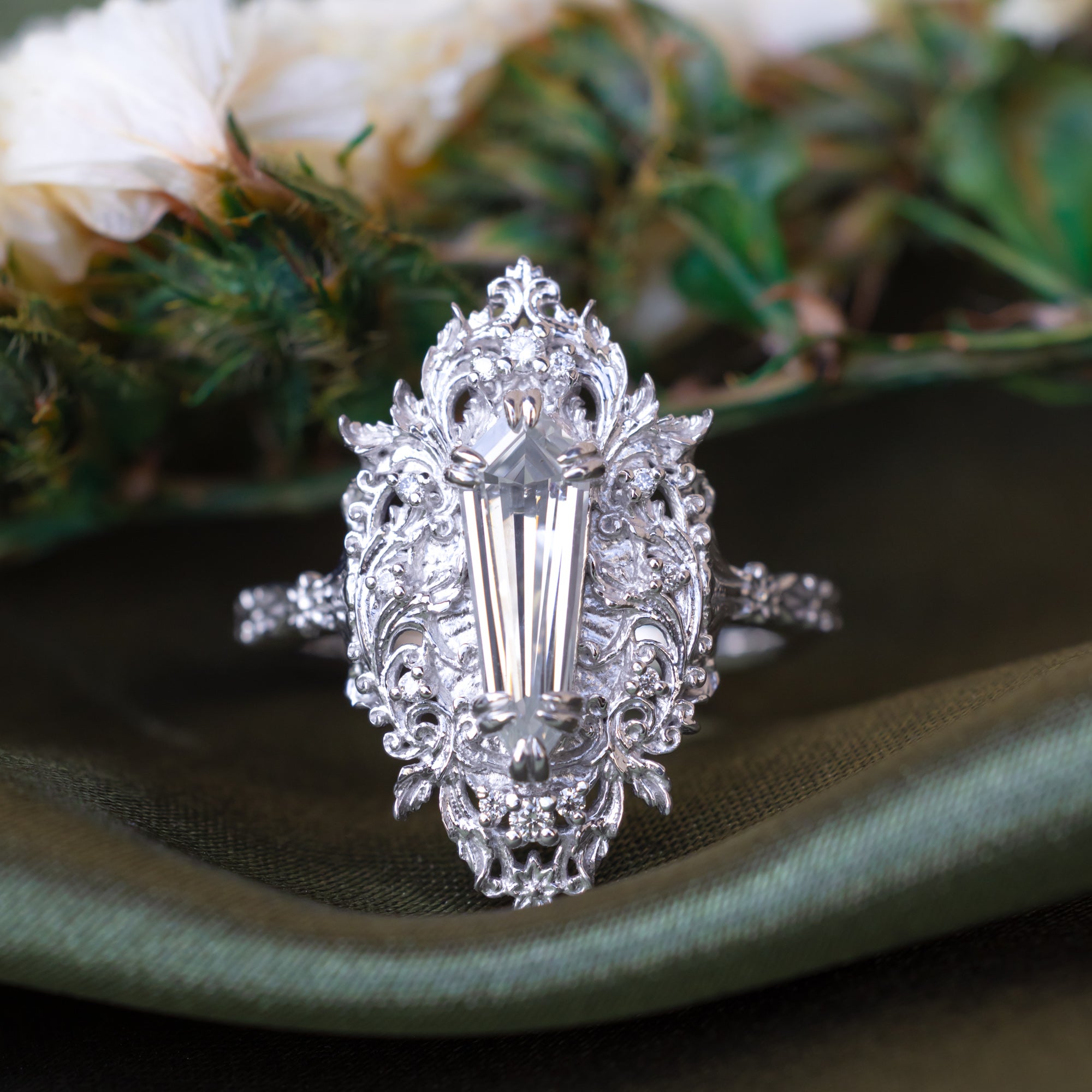 "Cherie" - Rococo-Style Dagger Cut Moissanite Engagement Ring With Diamond Accents-Staghead Designs