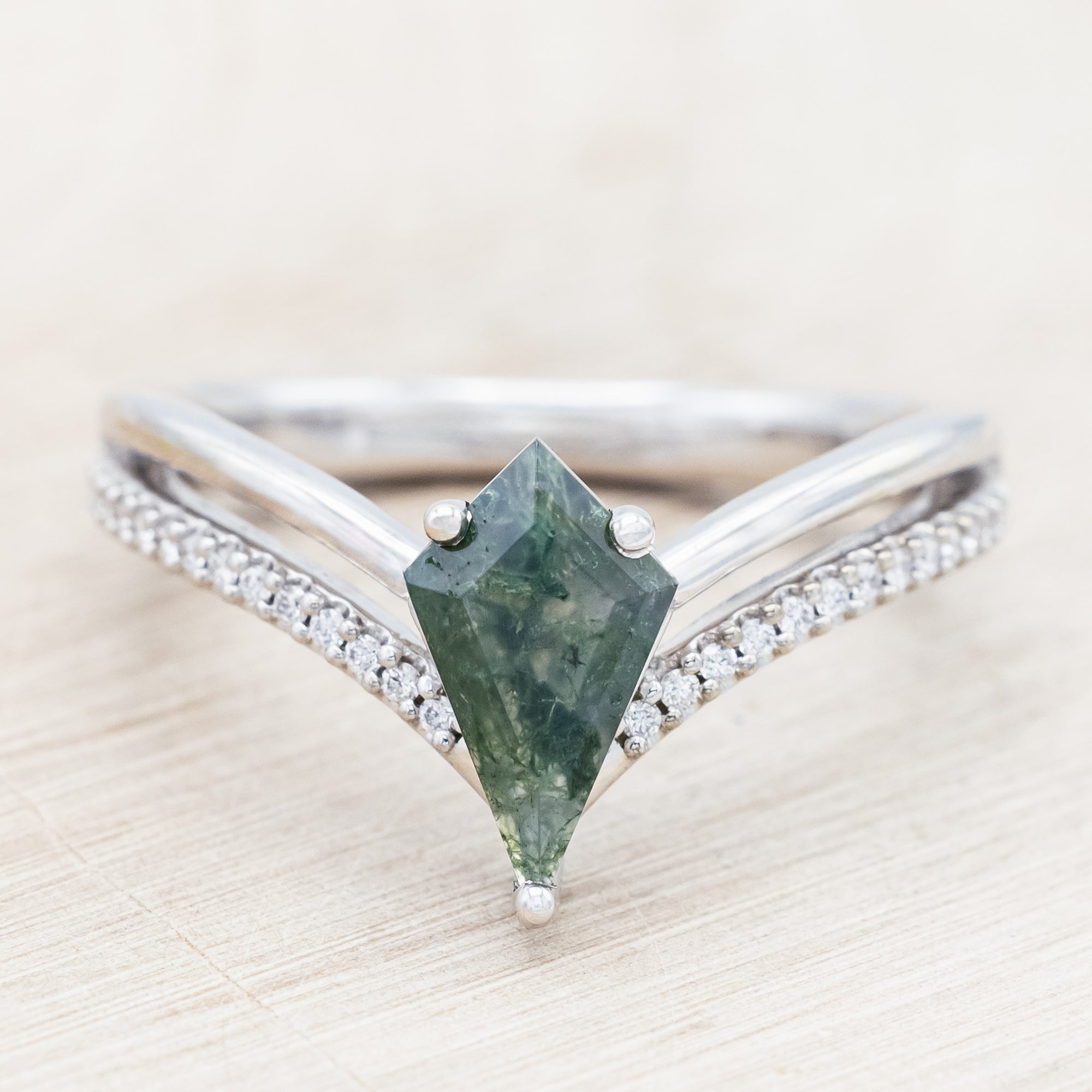 "CICELY" - KITE CUT MOSS AGATE ENGAGEMENT RING WITH DIAMOND ACCENTS-Staghead Designs