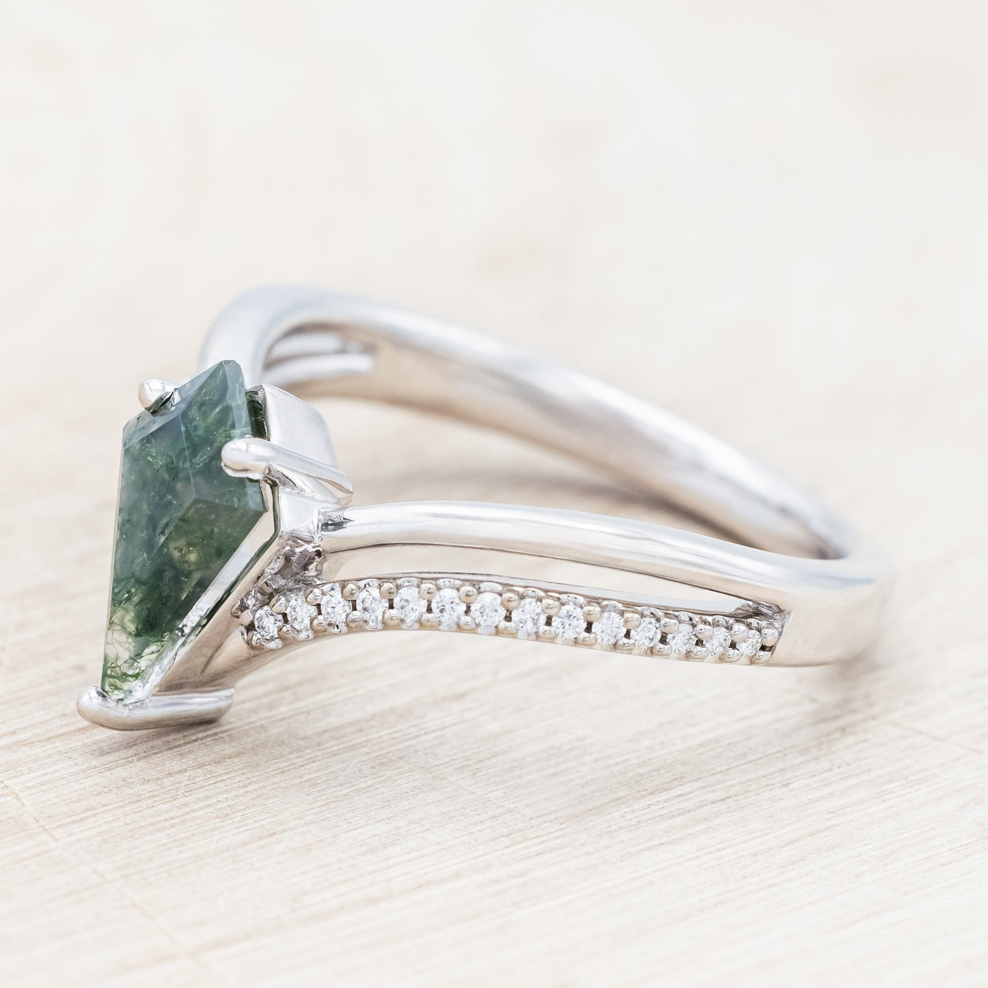 "CICELY" - KITE CUT MOSS AGATE ENGAGEMENT RING WITH DIAMOND ACCENTS-Staghead Designs